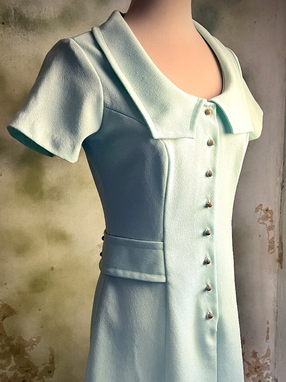 Vintage Sears Jr. Bazaar 60s Mod Mint Mini Dress Gold Buttons XS S - Picture 4 of 13